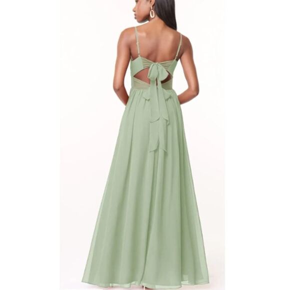 Azazie Womens Chiffon Spaghetti Strap Ruched Bodice A-Line Gown Sz A0 Sage Green - Picture 3 of 8